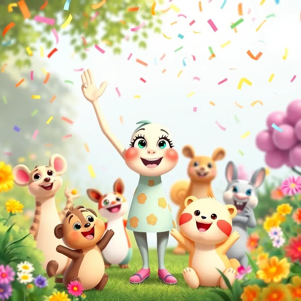 All the garden animals celebrating Ciri, who looks proud and joyful, colorful confetti in the air, vibrant garden scene, cheerful and energetic, illustration