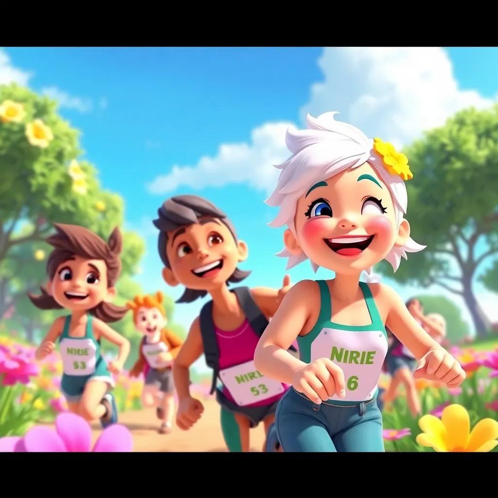 Ciri joyfully participating in another race with friends, enjoying the surroundings and smiling, bright flowers and blue sky in the background, happy cartoon style, vibrant colors