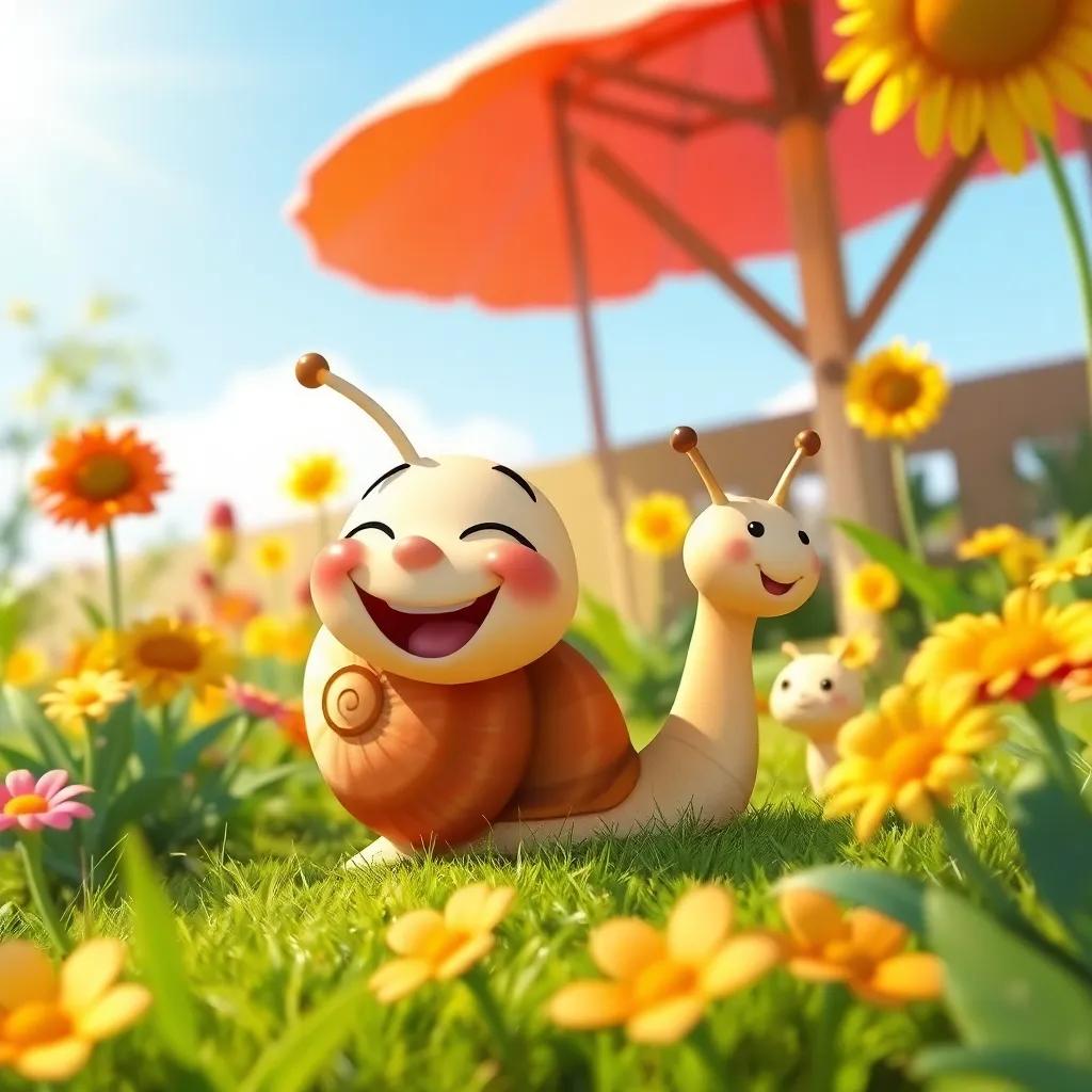 Ciri, the happy little snail, accepting his unique speed, playing and laughing with friends in the garden, sunny and colorful cheerful atmosphere, bright digital art