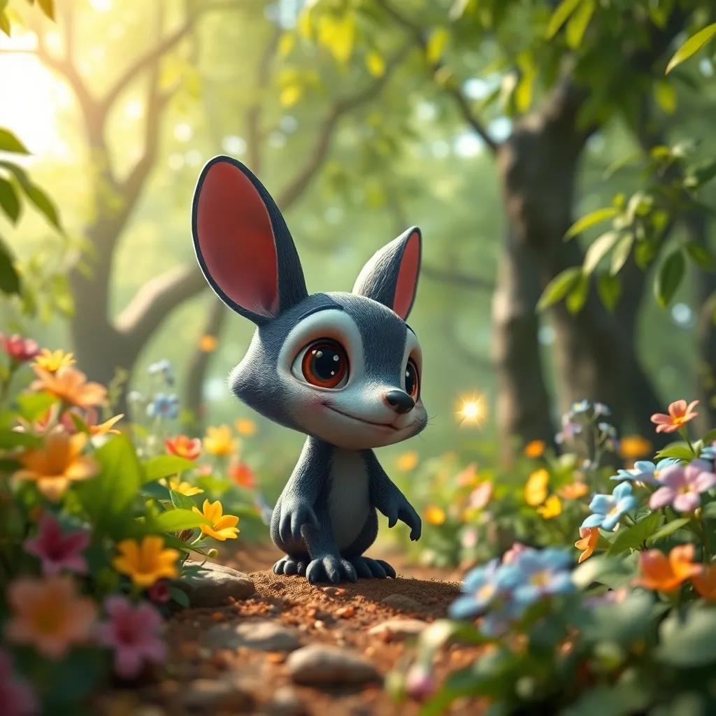 Hugo, un pequeño erizo, con espinas de color oscuro y una espina dorada que brilla, explorando un bosque lleno de árboles verdes y flores coloridas, digital art, vibrante, ambiente acogedor