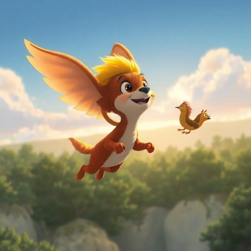 Hugo, el erizo, deseando volar, con su espina dorada brillando, volando sobre el bosque, mirando a sus amigos desde arriba, ilustración, alegre, perspectiva aérea
