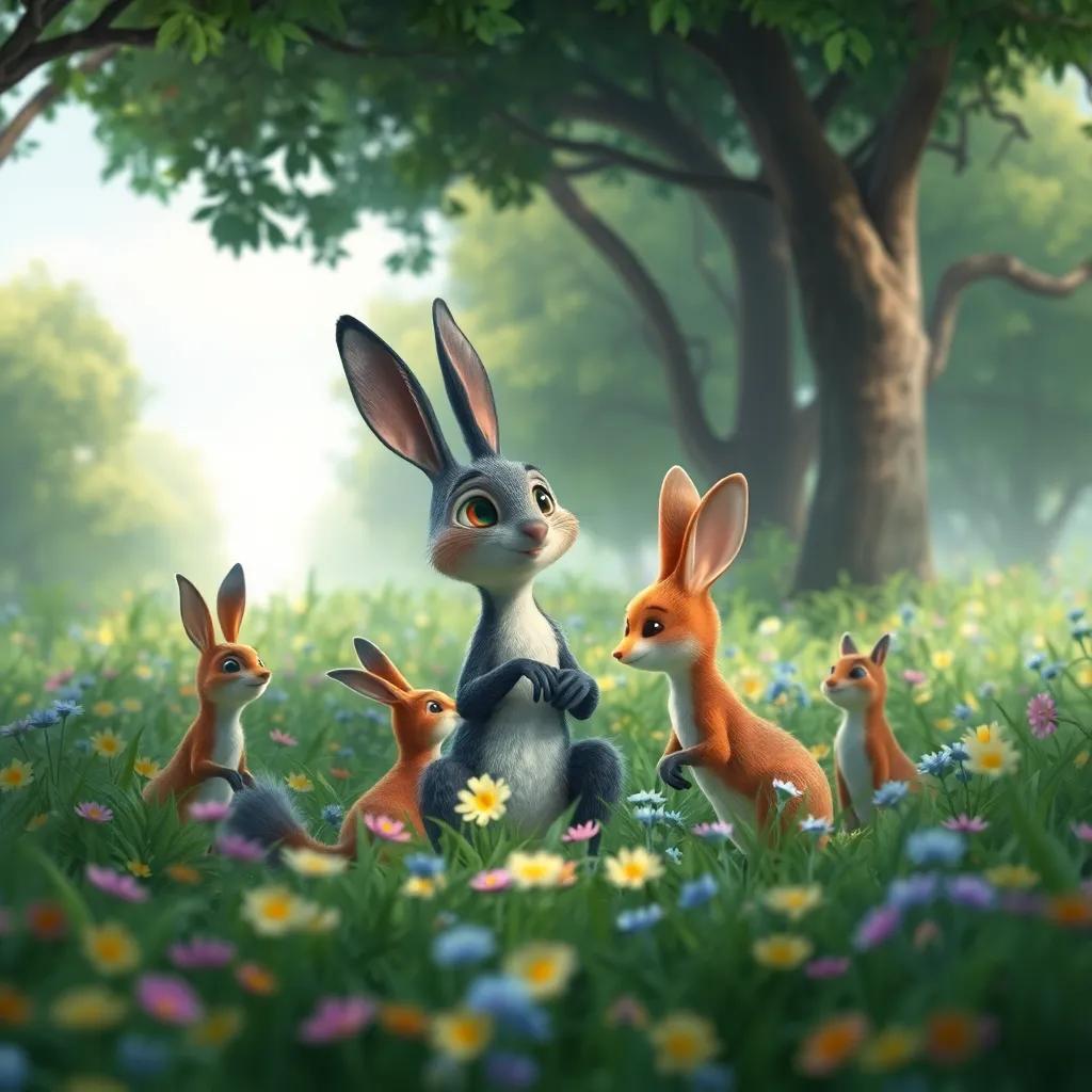 Hugo, el erizo, aterrizando entre sus amigos, conejos y ardillas, en un prado verde lleno de flores, rodeados de árboles, colorido, cálido y amigable