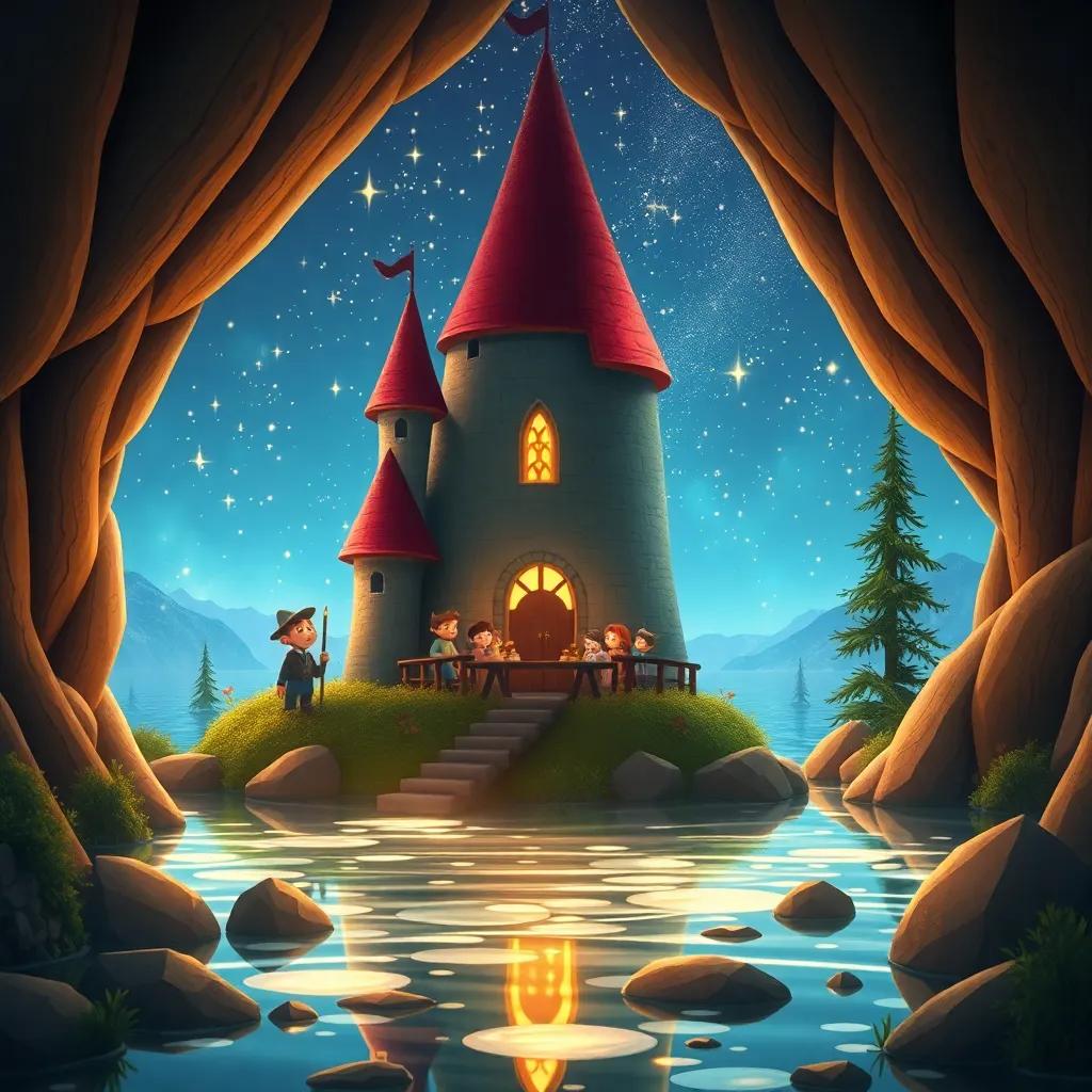 Hugo, el erizo, en un castillo diminuto con amigos, en un lago brillante, rodeado de naturaleza y estrellas, mágico y lleno de luz, ilustración, encantador