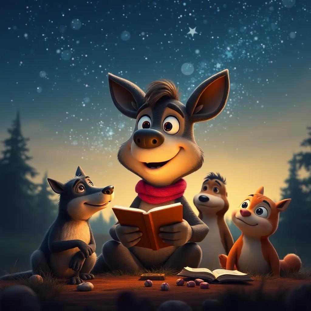 Hugo, el erizo, rodeado de amigos en el bosco, contando historias bajo un cielo estrellado, atmosférico, alegre, un ambiente acogedor y nostálgico