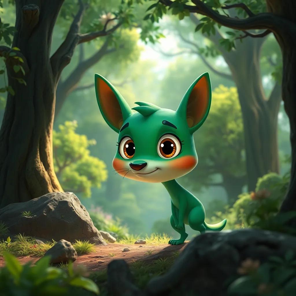 Un pequeño erizo llamado Hugo, con espinas brillantes y ojos curiosos, explorando un bosque verde y frondoso lleno de árboles y arbustos, digital art, vibrante, alegre, iluminado