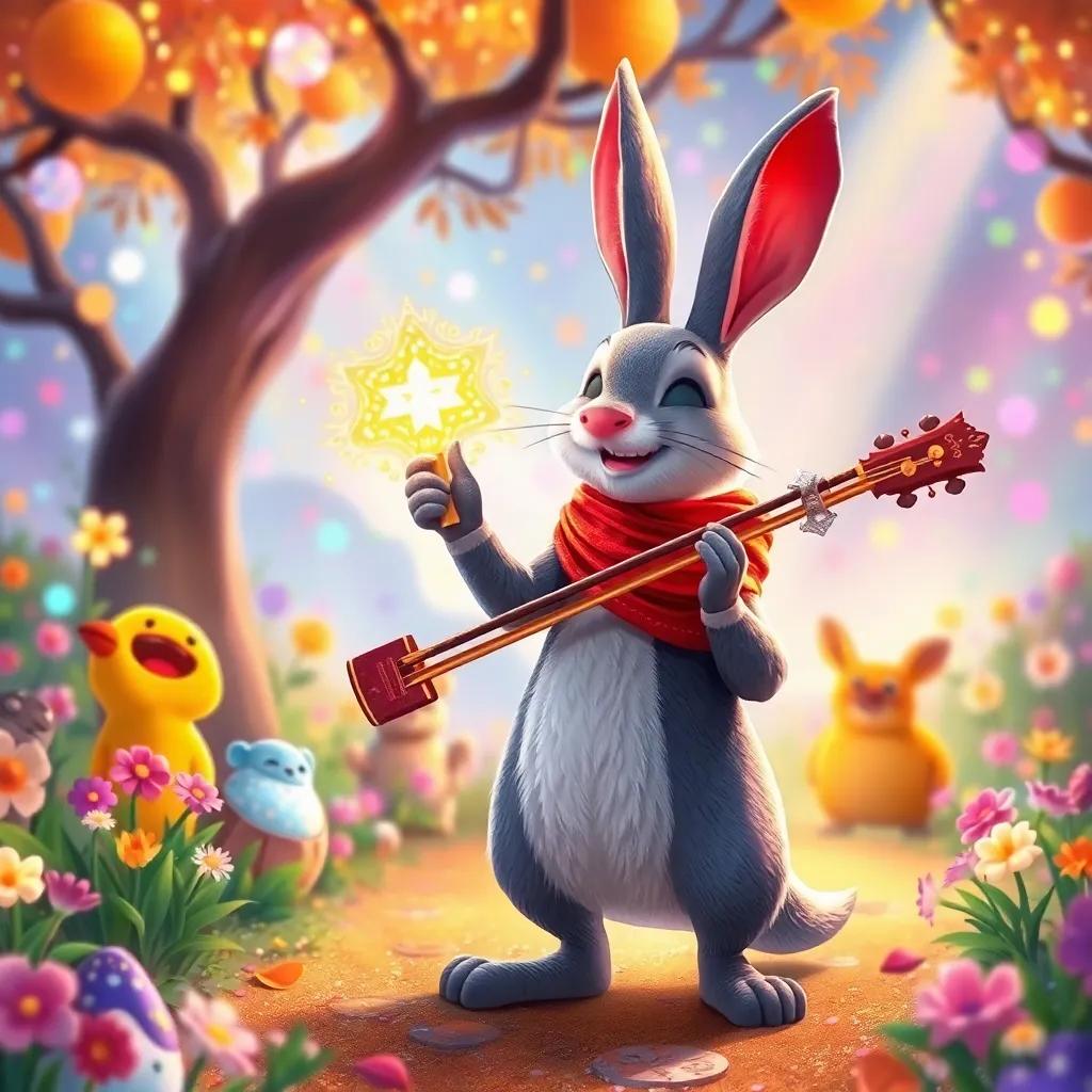 Hugo, el erizo, tocando su espina dorada en un mundo mágico lleno de colores brillantes y criaturas felices, como un conejo amistoso, ilustración, colorido, animado, fantasía