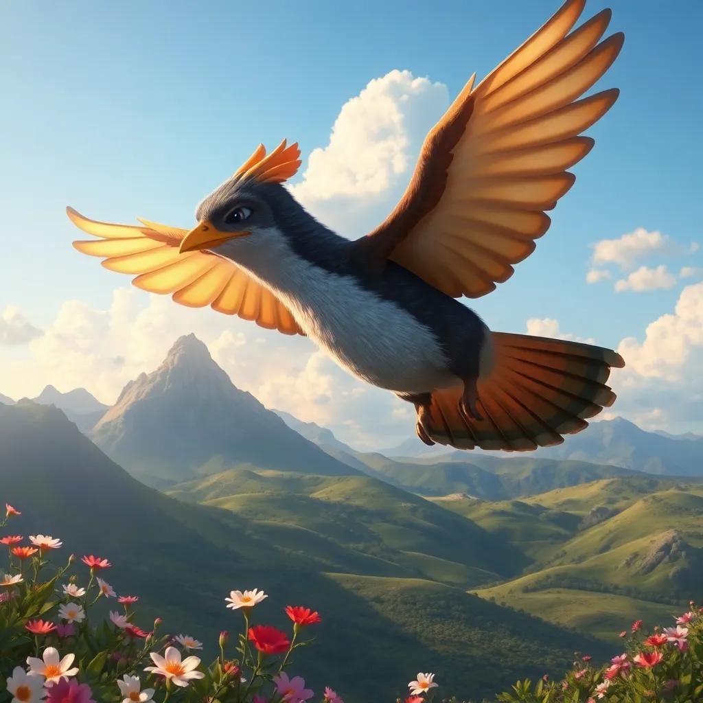Hugo, el erizo, volando como un pájaro, con alas suaves, sobre un paisaje hermoso con flores y montañas, digital painting, emocionante, brillante, asombroso
