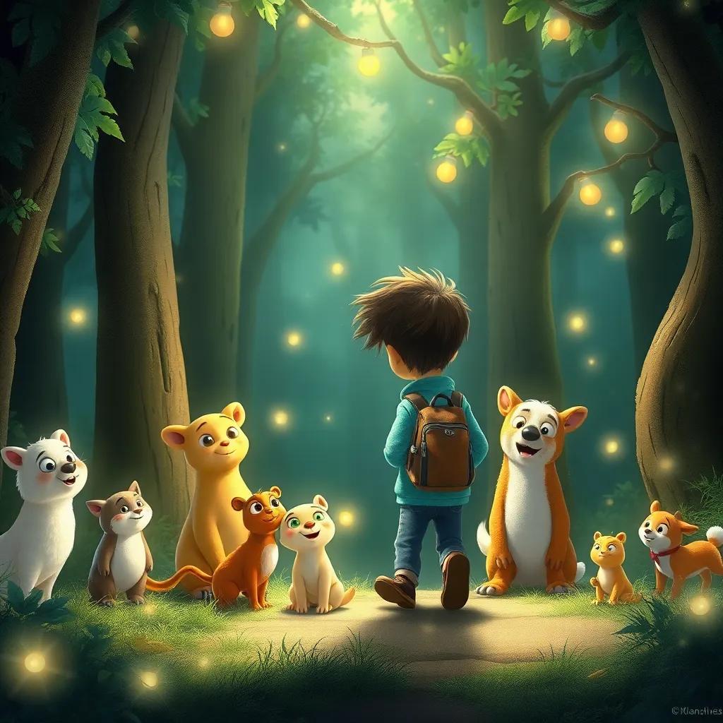 Hugo regresando a su bosque, rodeado de sus amigos animales felices, todos iluminados por un brillo mágico, ilustración, cálido, acogedor, alegre
