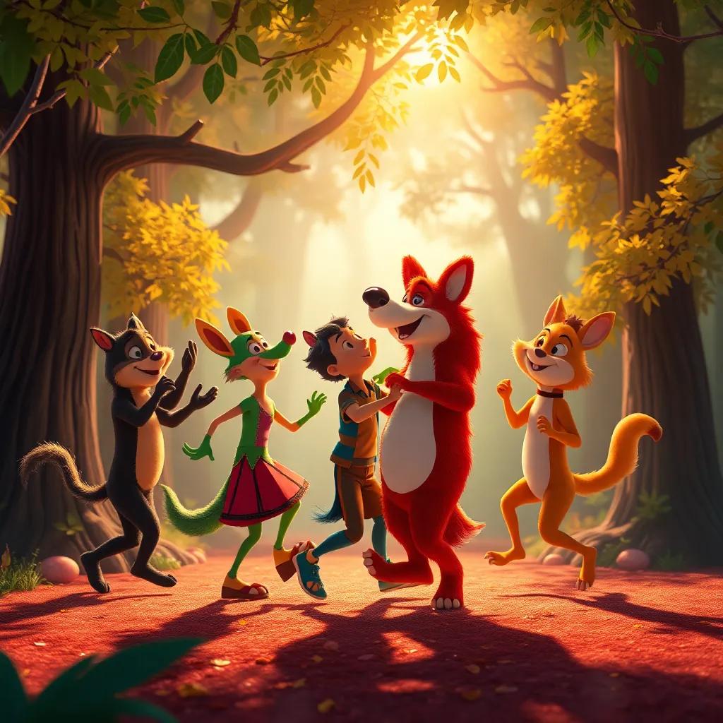 Hugo y sus amigos del bosque danzando juntos bajo el sol, disfrutando de la magia y la amistad, digital art, lleno de vida, colorido, festivo