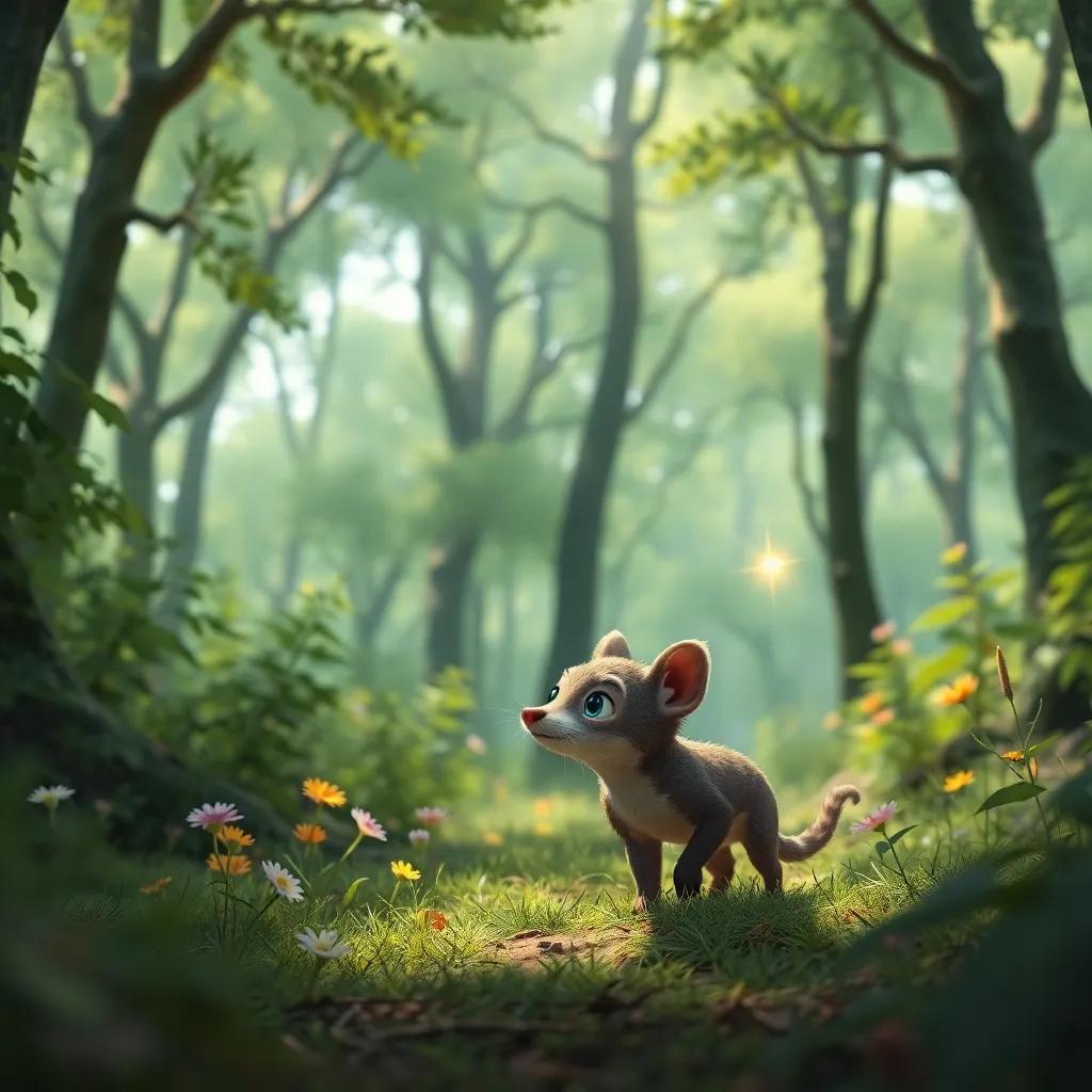 Hugo, un pequeño erizo con espinas grises y ojos brillantes, explorando un verde bosque lleno de árboles altos y flores silvestres, con una espina brillante destacándose, digital art, vibrante, atmósfera alegre, perspectiva cercana, calidad alta