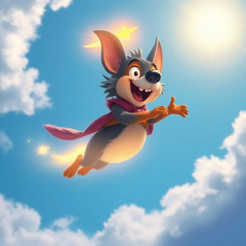 Hugo, el erizo, volando por el aire con una espina mágica iluminada, el cielo azul y el sol brillando, luciendo emocionado mientras el viento mueve su pelaje, ilustración colorida, divertida, perspectiva en movimiento, calidad excelente