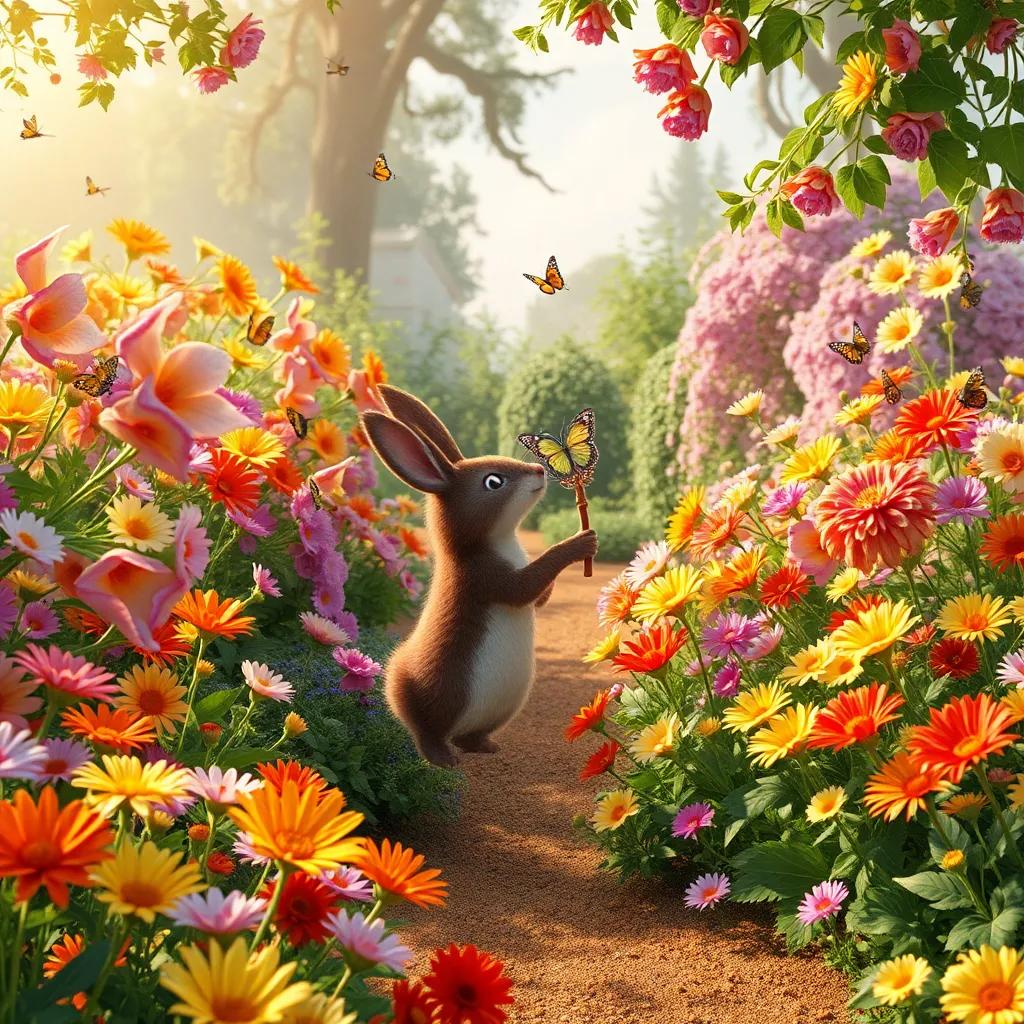 Una vista de un hermoso jardín lleno de flores de colores, con un erizo pequeño, Hugo, usando su espina mágica para hacer que las flores crezcan, mariposas y pájaros alrededor, arte digital, alegre, atmósfera mágica, calidad alta