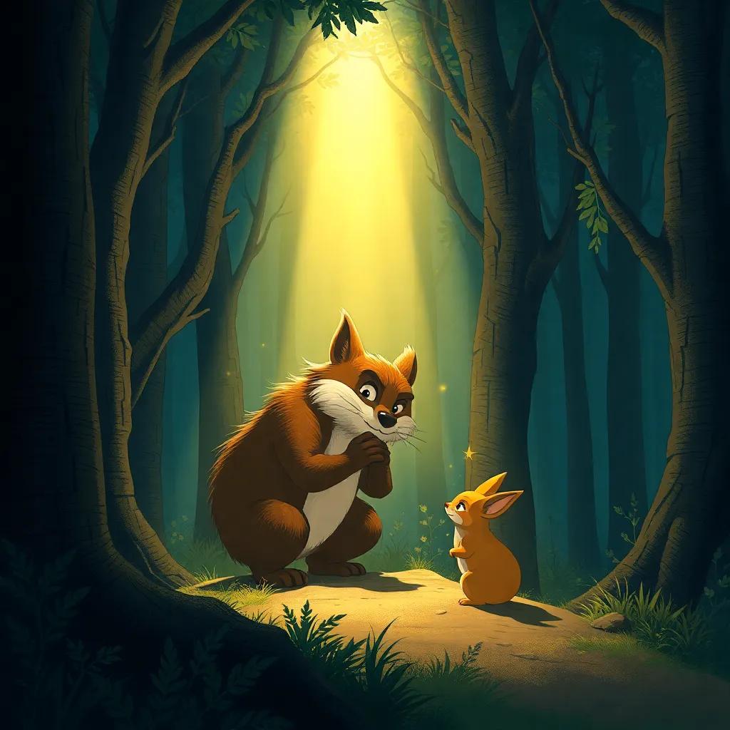 Hugo, el erizo, ayudando a un conejito asustado bajo la luz brillante de su espina mágica en un bosque oscuro, con árboles altos a su alrededor, ilustración conmovedora, cálida, perspectiva de grupo, calidad excelente