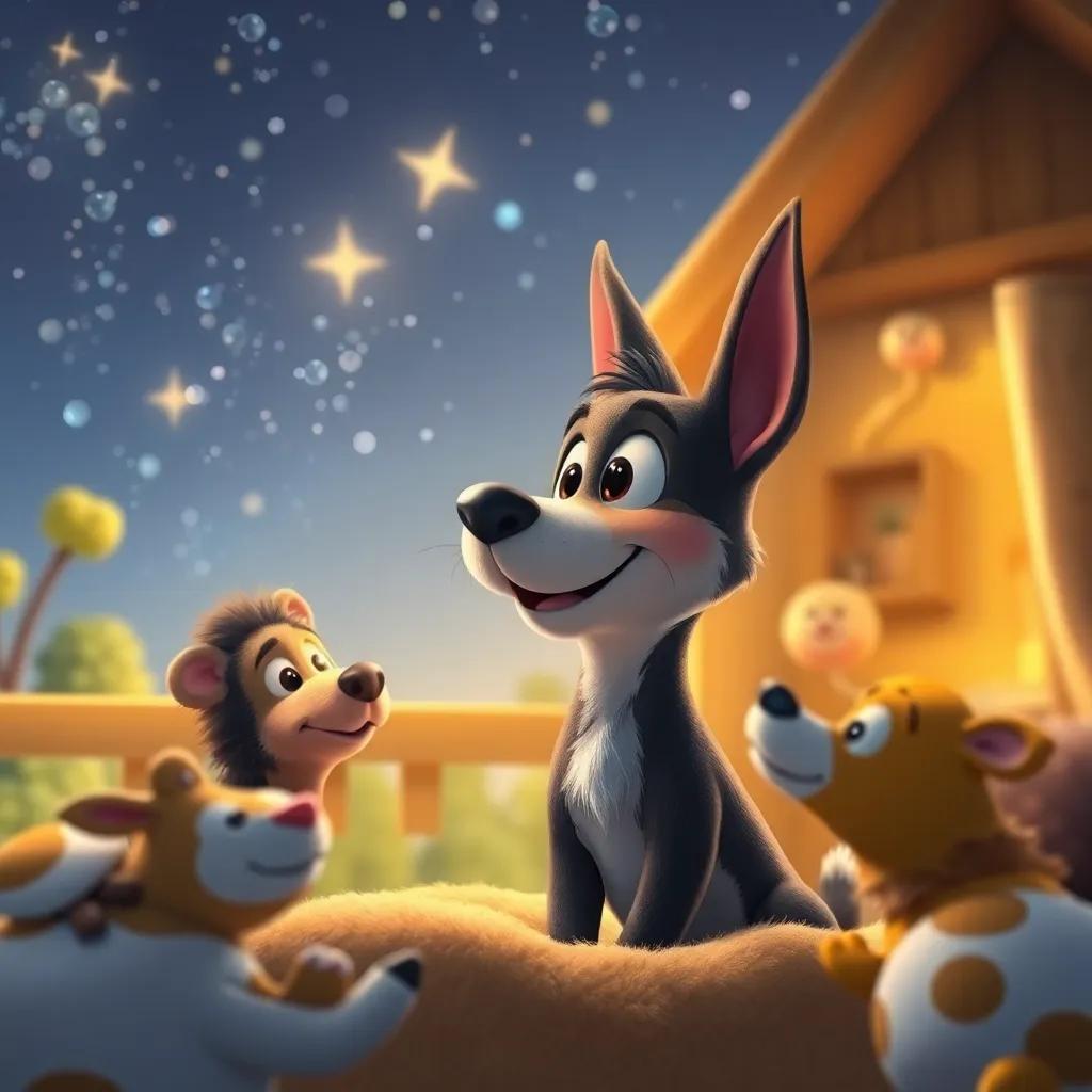 Hugo, el erizo, sonriente y feliz en su hogar, rodeado de amigos animales, mirando hacia el cielo estrellado, soñando con nuevas aventuras, arte digital, cálido y acogedor, alta calidad