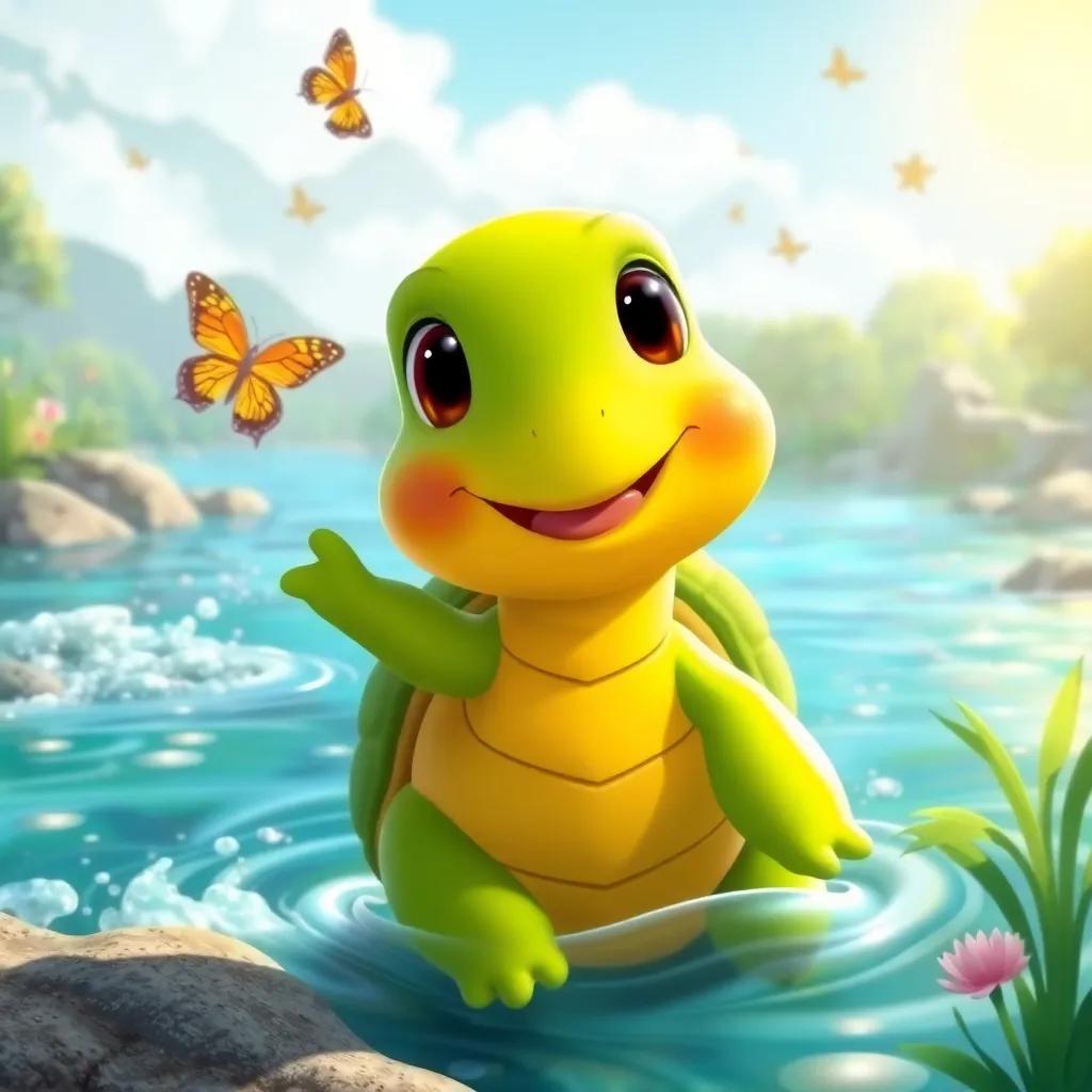 A happy turtle named Lía with a green shell, smiling and waving, next to a bubbling river, sunny day with butterflies flying, bright colors, friendly style, high quality