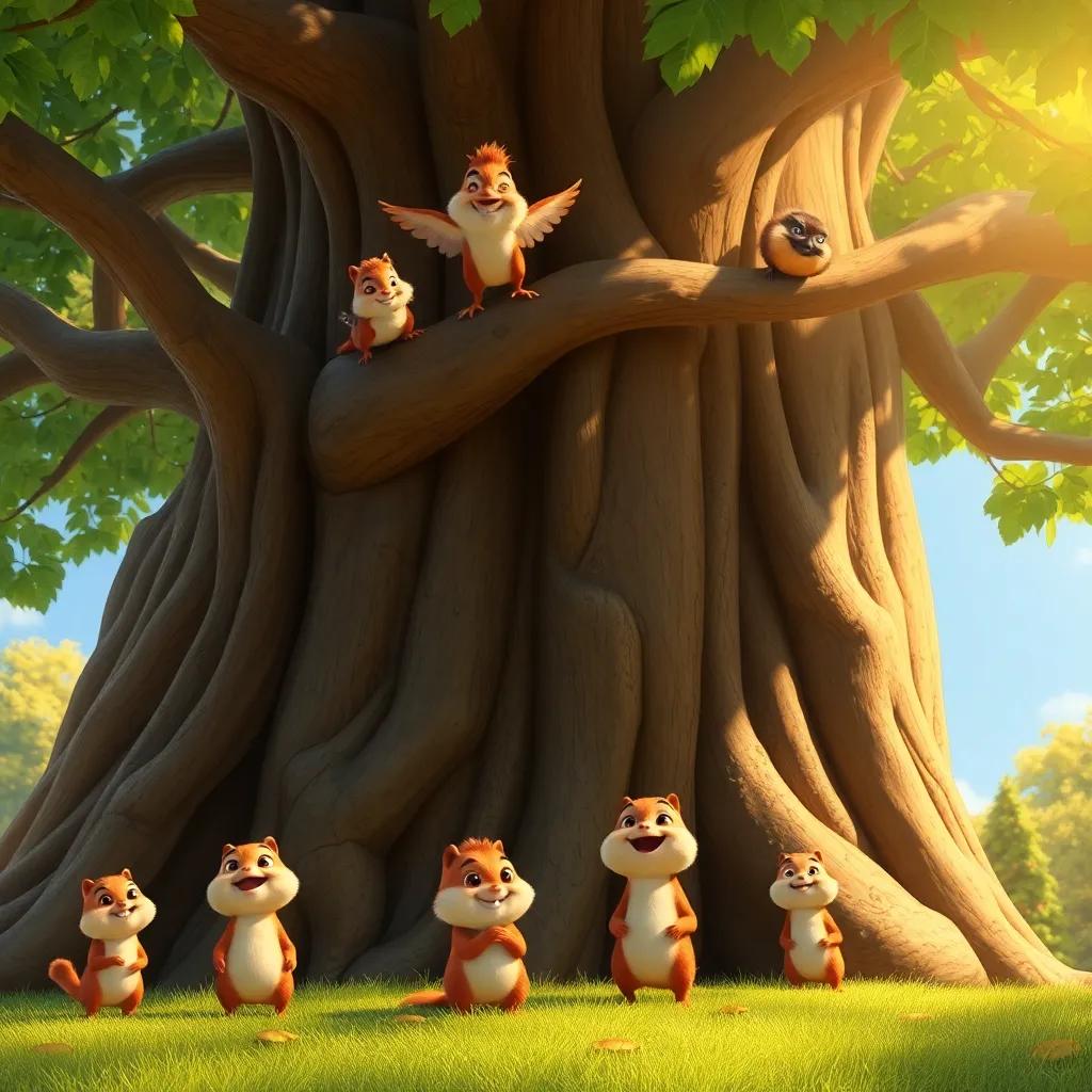 A giant tree with Pipo climbing up, birds with colorful feathers are watching happily, cheerful little chipmunks below, warm sunlight filtering through the leaves, happy scene, high quality