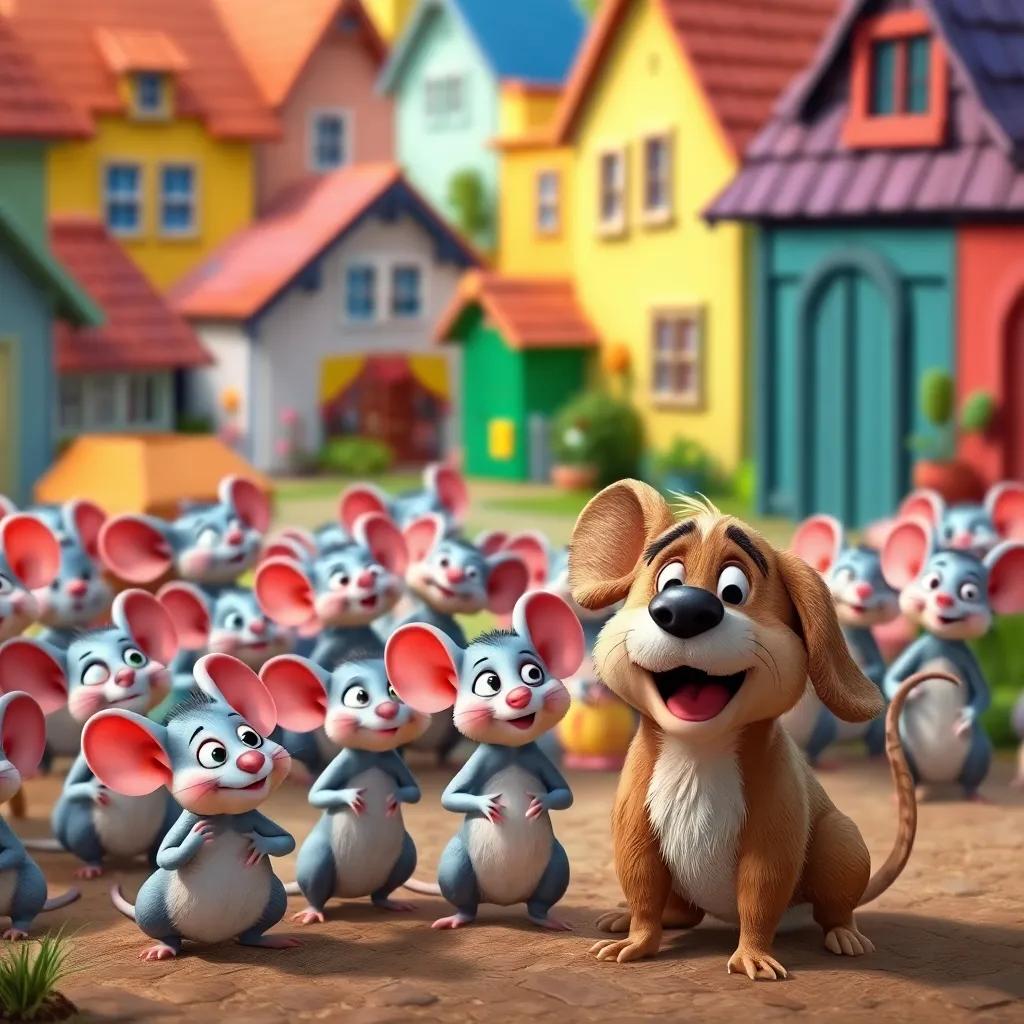 A village of friendly mice, looking worried near a barking dog with floppy ears and a wagging tail, colorful houses in the background, joyful style, high quality