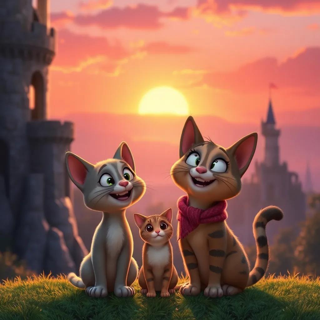 Pipo with another cat friend, both looking happy after rescuing the trapped cat from a tall castle tower, beautiful sunset in the background, magical glow effect, warm colors, high quality