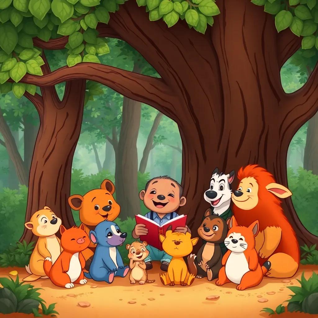 Pipo sharing stories with various animals in the forest, sitting under a big tree with smiles all around, comic-style, warm colors, friendly setting, high quality
