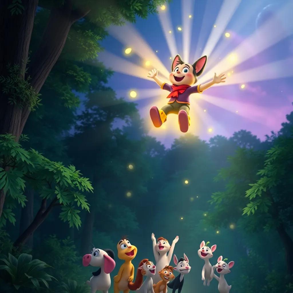 Pipo using magical boots to float above the forest, beams of light surrounding him, a joyful sight of all his friends below cheering him on, vibrant and magical atmosphere, high quality