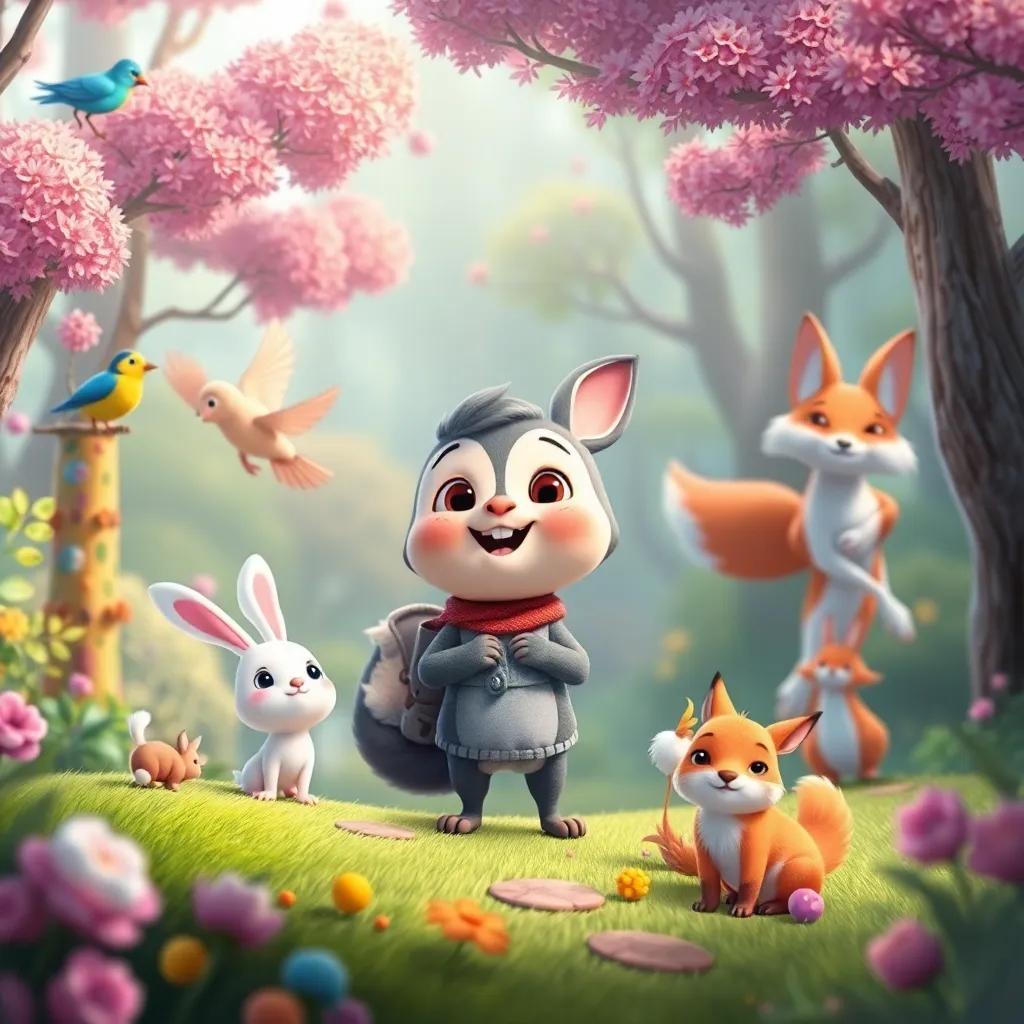 Pipo on a new adventure, meeting animals of different kinds, such as birds, rabbits, and foxes, in a whimsical forest, happy and colorful, high quality