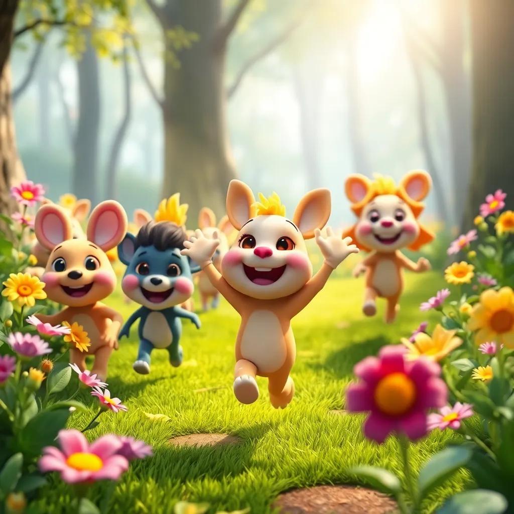 Pipo leading his friends in a joyful parade through the forest, flowers blooming everywhere, happiness all around, bright and cheerful, high quality