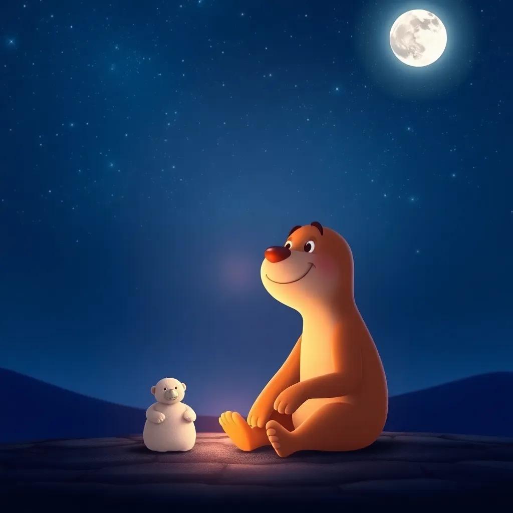 A concluding scene of Pipo sitting under a starry sky, thinking about his adventures with a warm smile on his face, magical glow of the moonlight, peaceful and charming, high quality