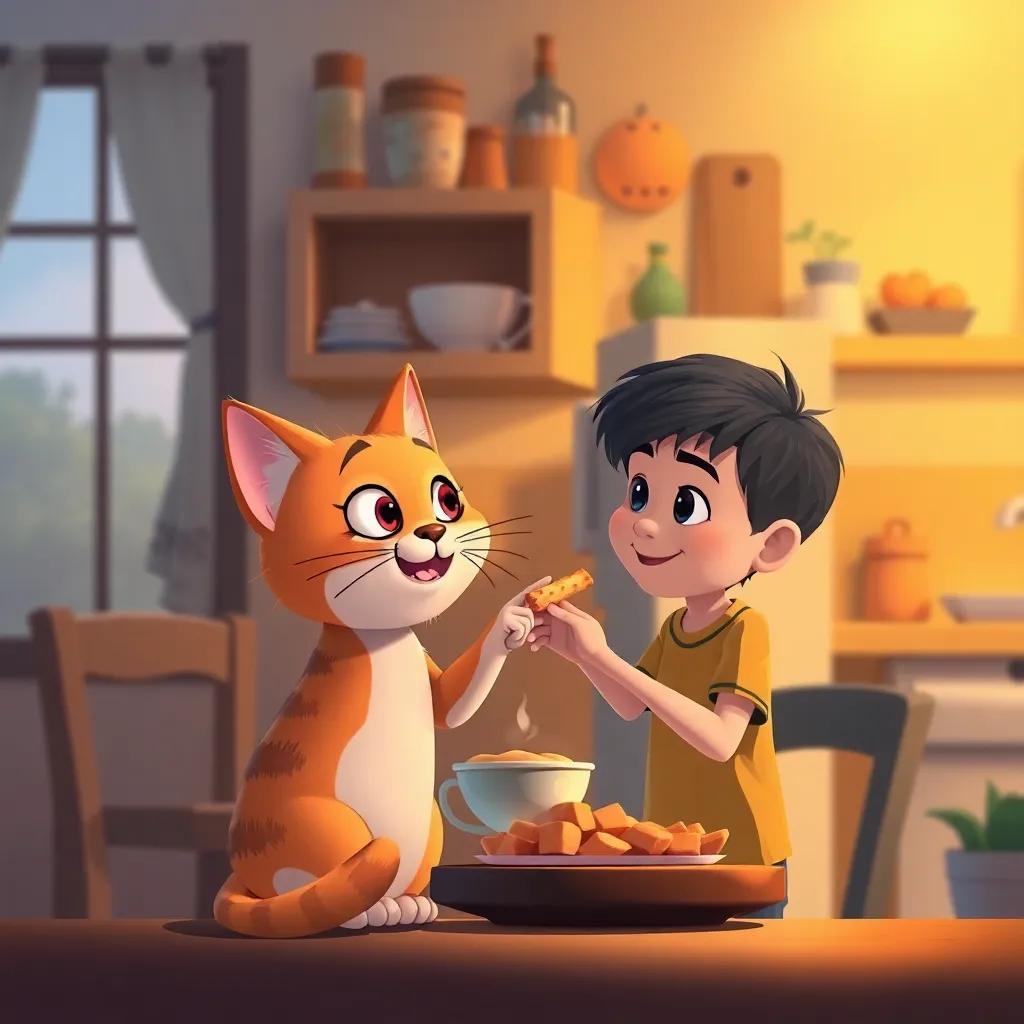 Miau, the cat, visiting the Pérez family's house, a little boy named Juan giving Miau a snack, cozy kitchen, warm colors, inviting feeling, illustration, child-friendly
