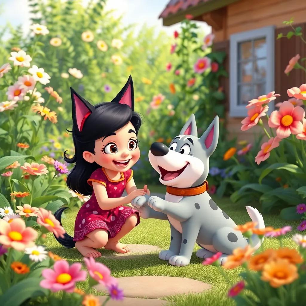 Miau playing with Max, a friendly dog, in Rosa's beautiful garden, surrounded by flowers, playful and happy scene, bright colors, cartoon style, fun and lively