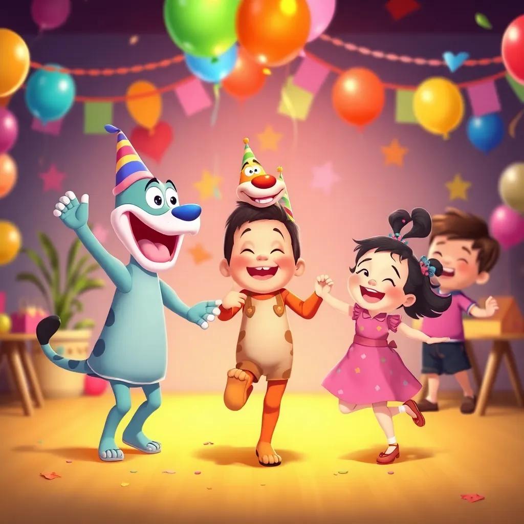 Miau joining the López children's party, dancing and laughing, colorful balloons and decorations in the background, joyful atmosphere, cheerful illustration, vibrant