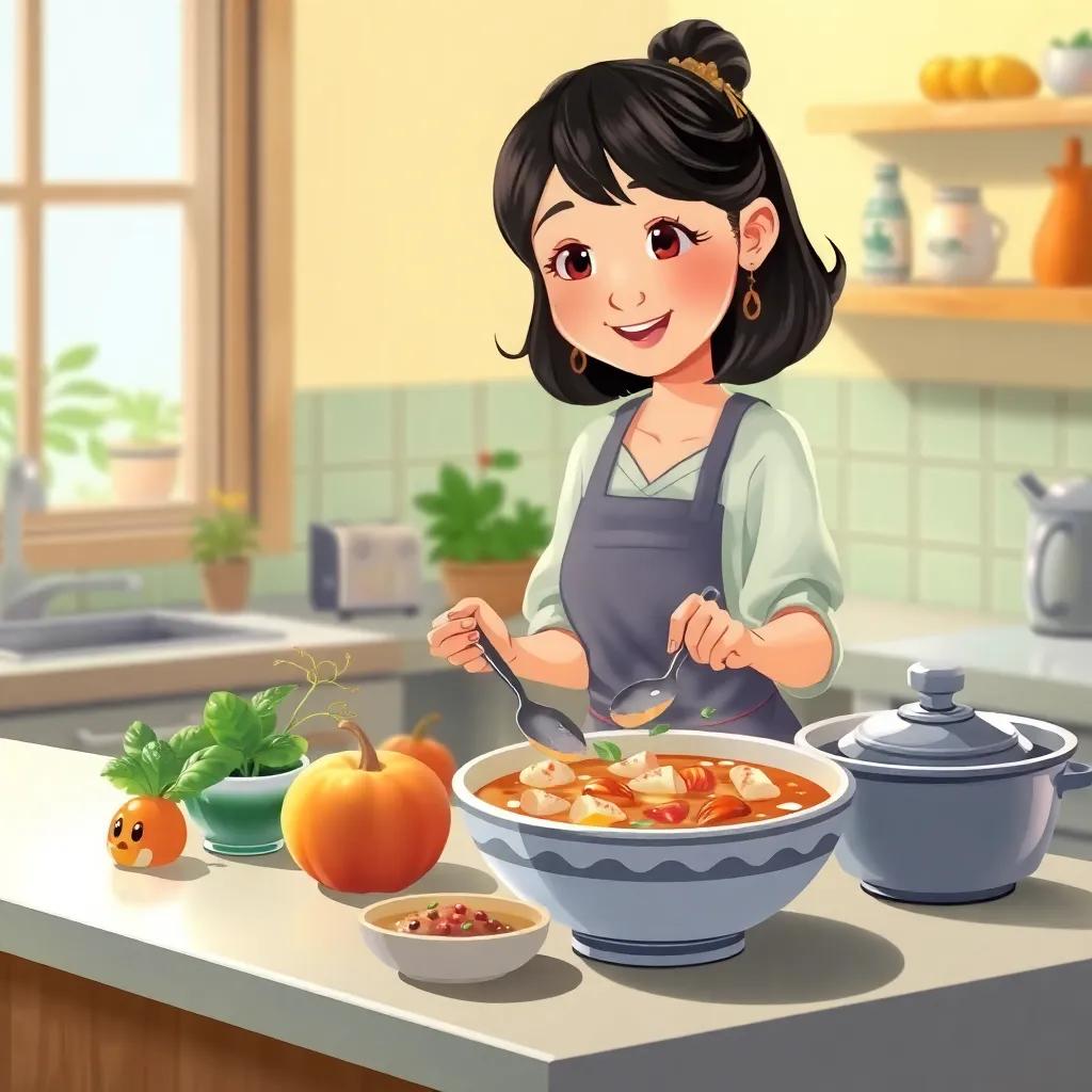 Miau watching Mrs. Ana cook fish soup in her kitchen, delicious ingredients on the counter, warm kitchen light, cozy and delicious, engaging illustration, inviting