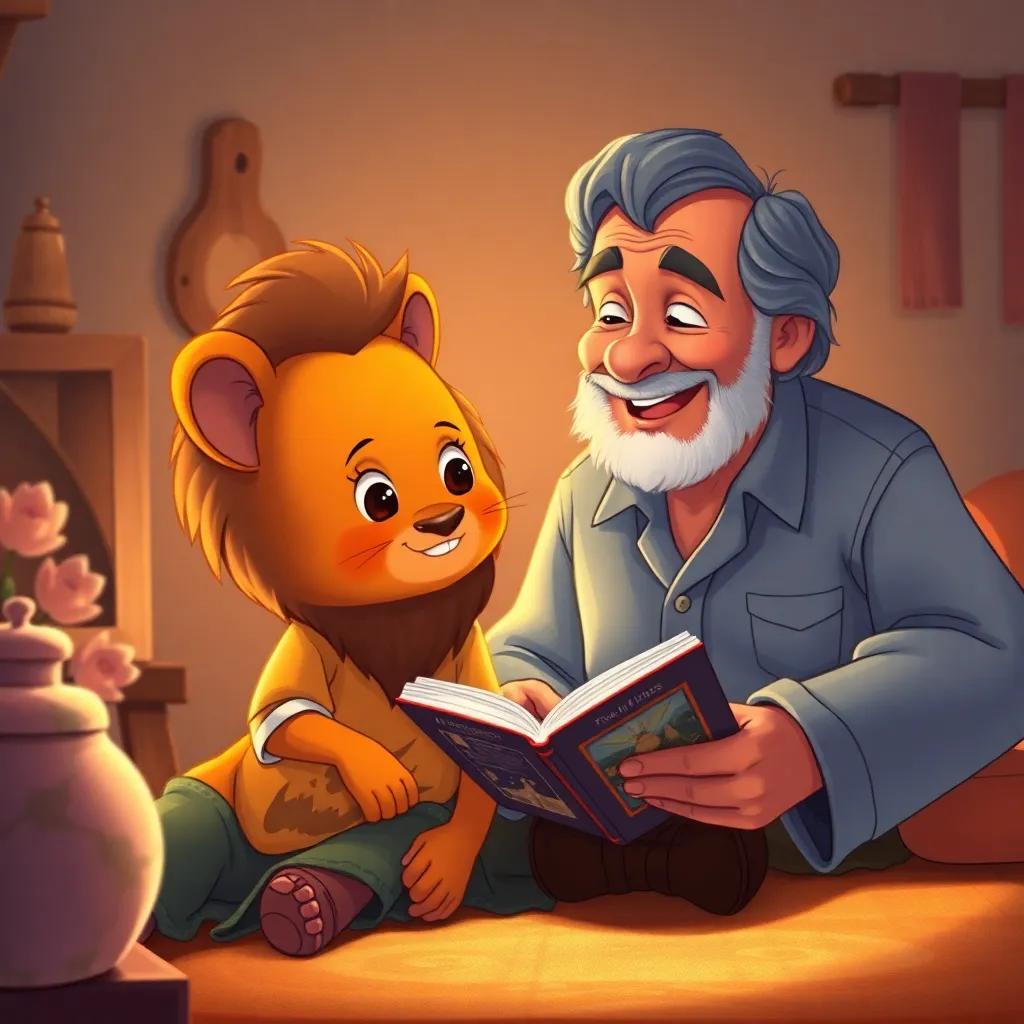 Miau listening to Don Pablo's stories about lions and sea adventures, sitting beside an old man with a friendly smile, warm light in a cozy room, illustration, enchanting