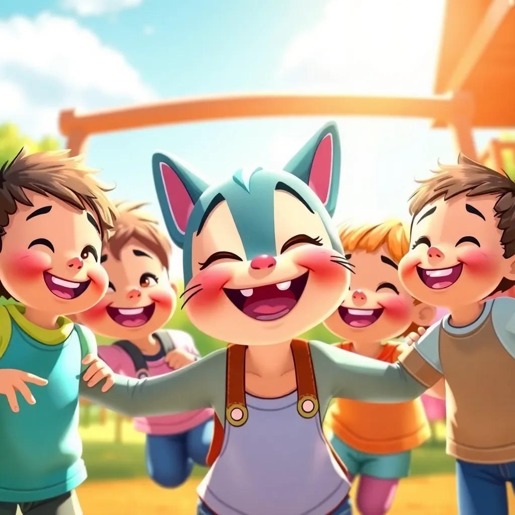 Miau playing with children in the playground, joyful faces, bright sunny day, colorful background, lively and cheerful, cartoon style, fun