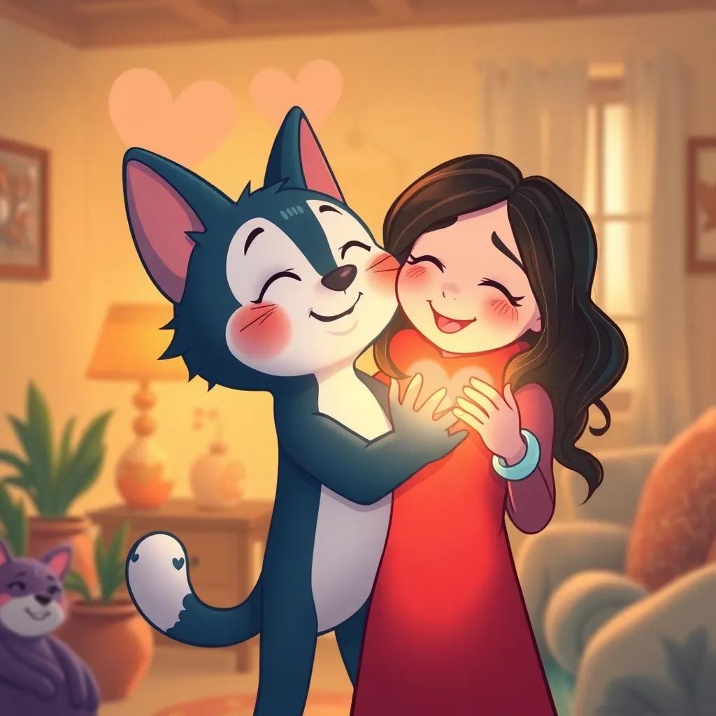 Miau returning home with happy memories, a heart full of friends and adventures, warm hug from his mom, cozy home, loving atmosphere, enchanting illustration, emotional
