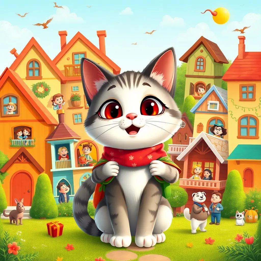 Miau, the traveler cat, surrounded by the different houses he visited, showcasing friends from each home, colorful collage, whimsical art style, festive and joyful