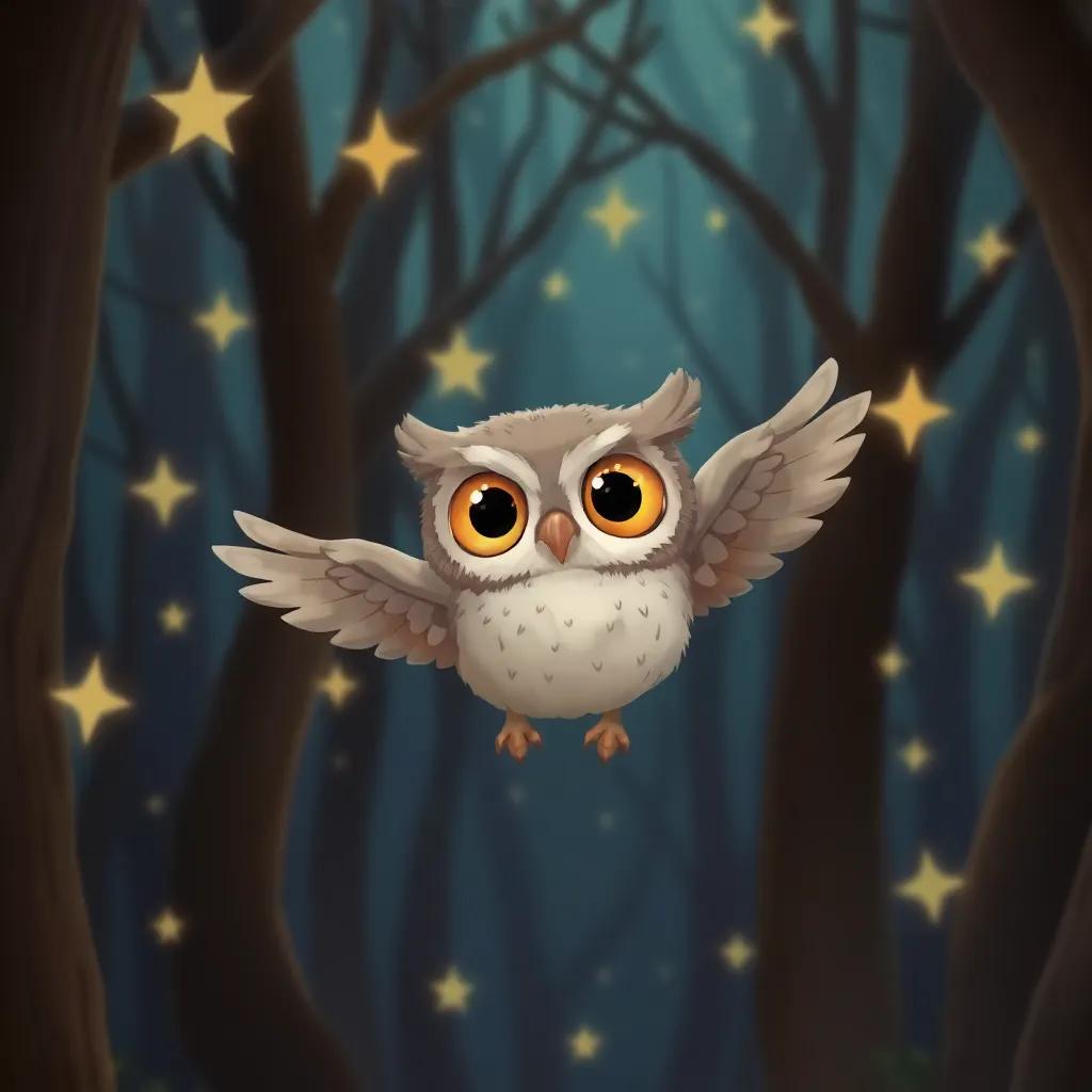 A small owl named Oliver, with large yellow eyes and soft feathers, flying into a dark forest filled with sparkling stars, digital art, whimsical style, bright colors, inviting atmosphere, high quality