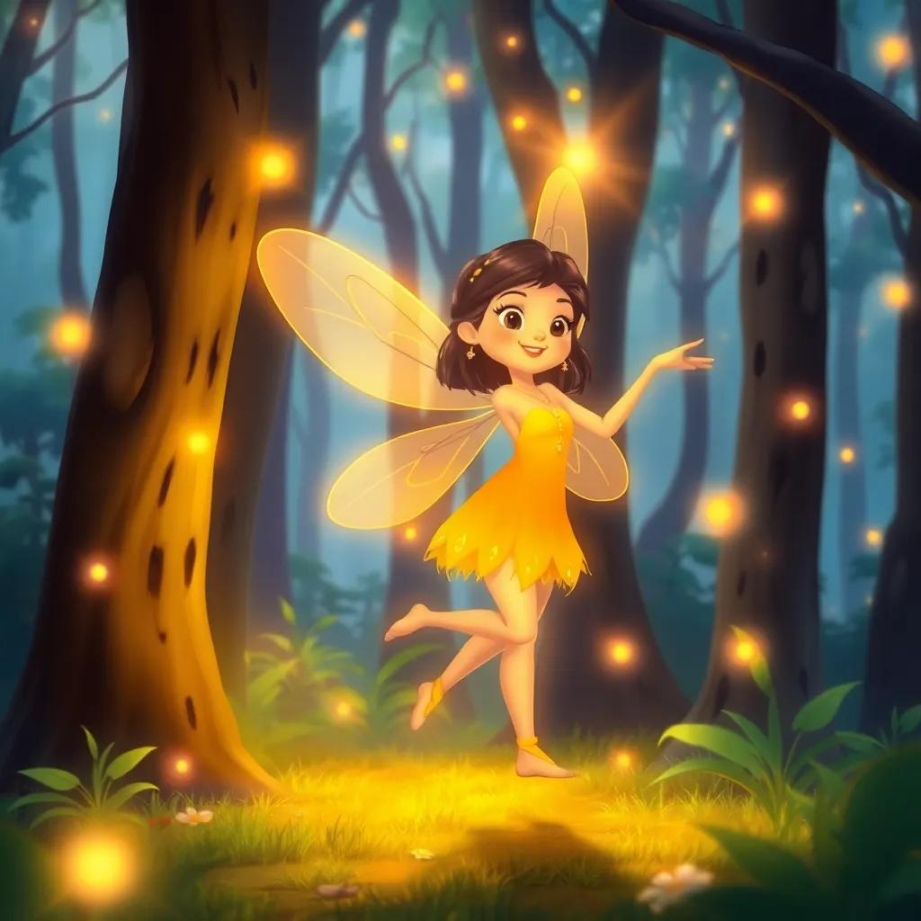 A beautiful firefly named Lila, dancing gracefully among the trees, creating a warm glow around her, charming illustration, vibrant colors, magical forest, joyful vibes, high quality