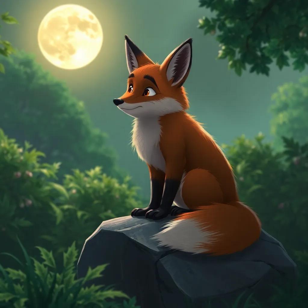 A wise old fox named Rufus, sitting on a rock, gazing at the full moon, surrounded by lush greenery, serene digital painting, soft light, peaceful atmosphere, high quality