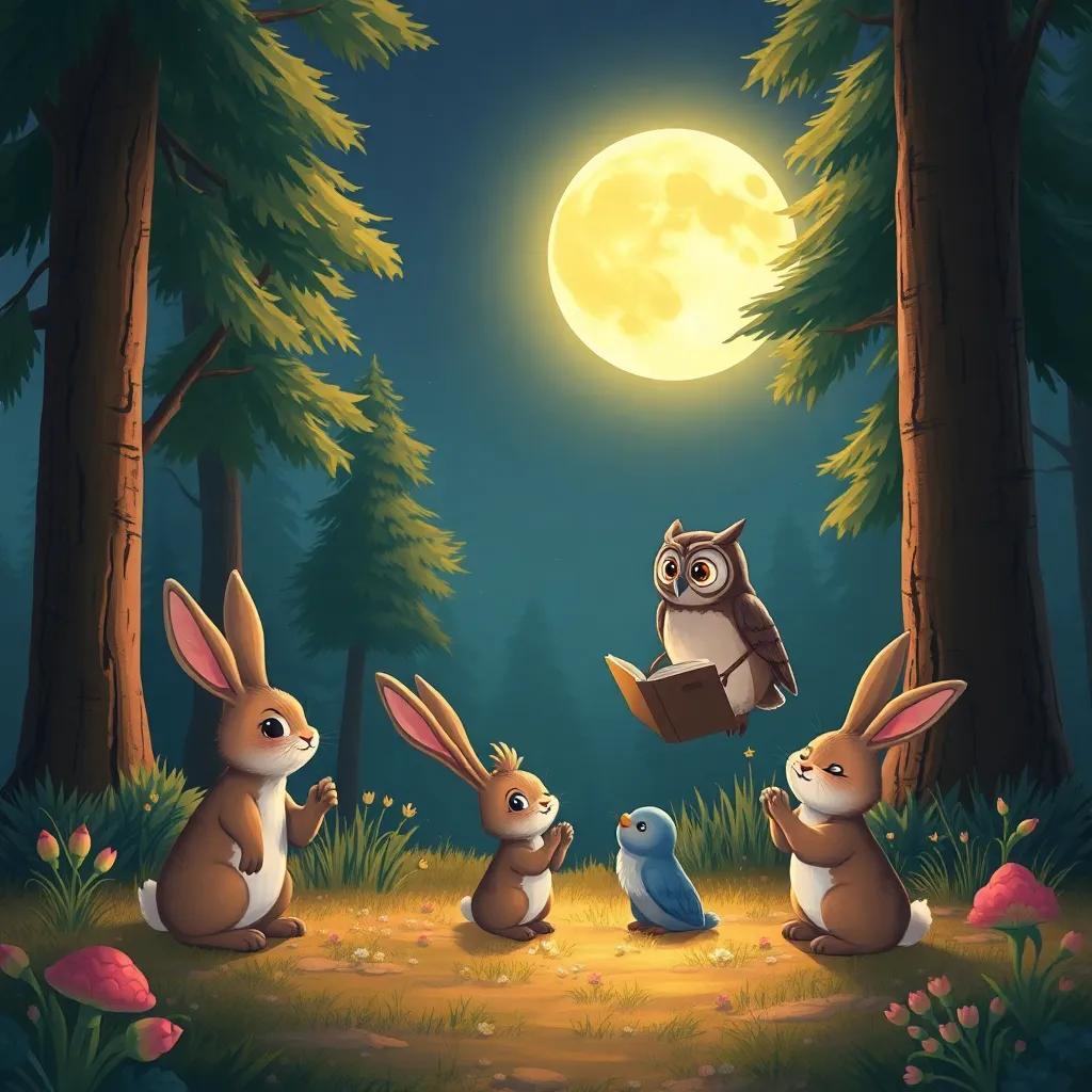 A moonlit clearing with playful rabbits and a wise owl sharing stories, illuminated by a bright full moon and surrounded by tall trees, enchanting illustration, warm colors, friendly atmosphere, high quality