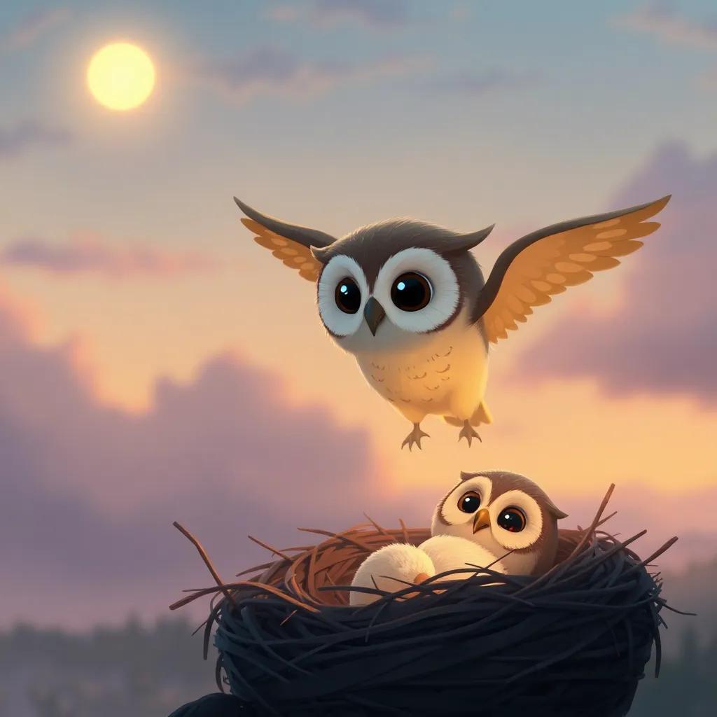 A small owl, Oliver, flying back home at dawn, with a satisfied smile and a warm glow in the sky, his mother waiting for him in a cozy nest, heartwarming scene, soft colors, uplifting imagery, high quality