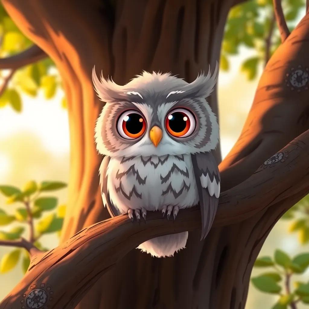 A small owl named Otto, with bright big eyes and soft gray feathers, sitting on a branch of a tall tree, looking curious and excited, illustration, warm colors, cozy atmosphere, high quality