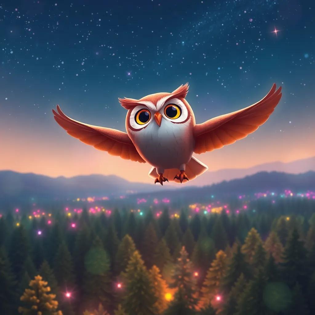 Otto the owl flying high above a forest with a gentle breeze, colorful lights and soft sounds below, with a starry sky, digital art, vibrant colors, enchanting scene, high quality