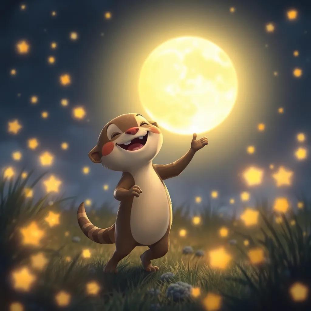 Otto dancing with fireflies in a clearing, surrounded by glowing lights, under the bright full moon, joyful expression, digital painting, cheerful, magical vibe, high quality