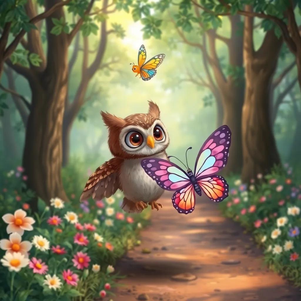 Otto the owl with Bella the butterfly, a colorful butterfly with bright wings, flying over the forest path surrounded by whispering trees and flowers, illustration, harmonious, delightful, high quality