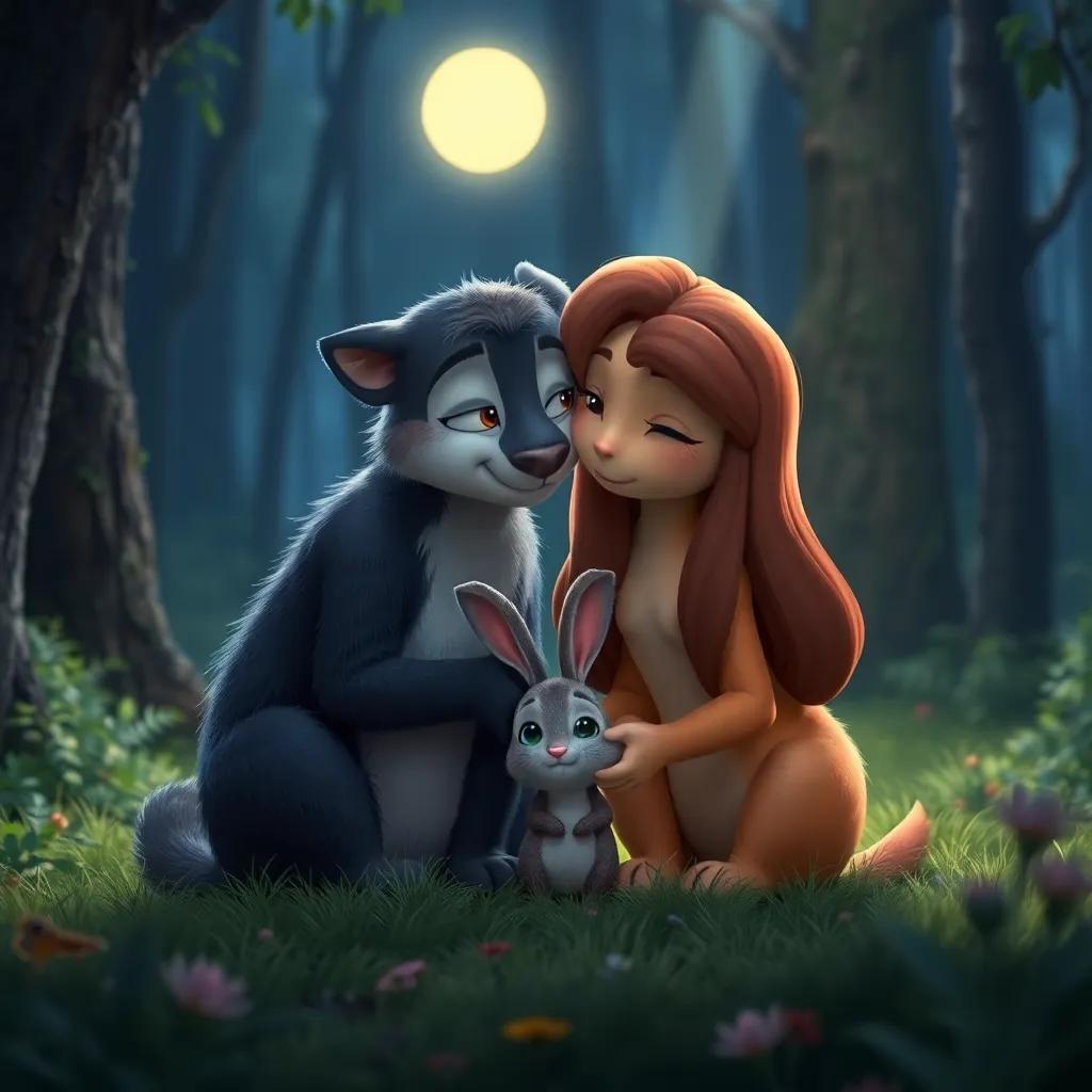 Otto and Bella comforting Rocco, a small rabbit looking sad, together in the forest with moonlight shining down, feeling friendship and warmth, digital art, heartwarming scene, high quality
