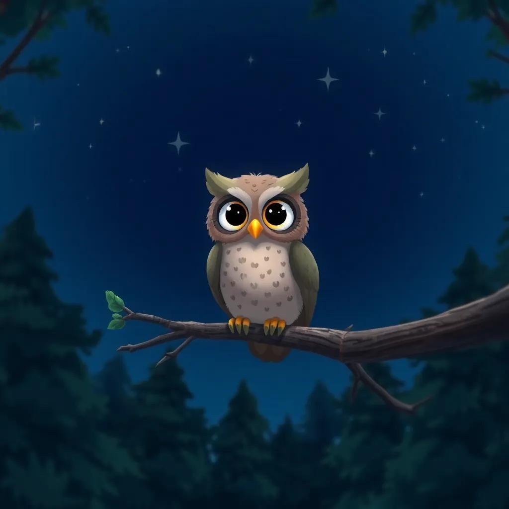 A small owl named Oleg, with big bright eyes, perched on a tree branch under a clear night sky, surrounded by dark forest and twinkling stars, whimsical style, digital art, soft light, deep blues and greens, enchanting atmosphere, child-friendly, high quality