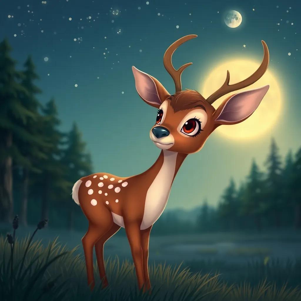 A gentle deer named Lila, with soft brown fur and big eyes, gazing up at the starry sky, by a quiet, moonlit clearing, surrounded by trees, enchanting illustration, warm light, inviting colors, peaceful scene, high quality