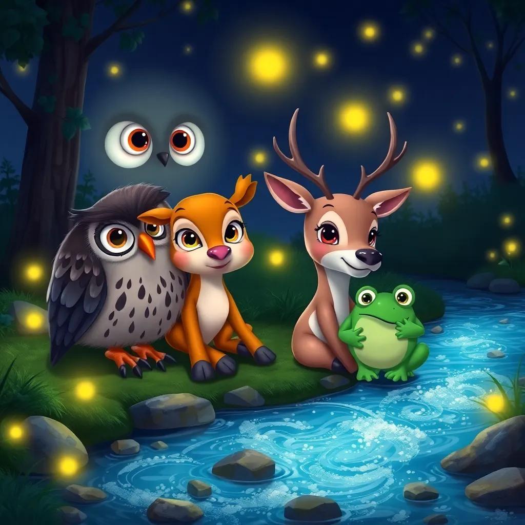 Oleg the curious owl, Lila the deer and Rocco the lively frog, sitting by a sparkling stream at night, with fireflies illuminating the scene, whimsical style, digital art, vibrant colors, magical ambiance, child-friendly, high quality