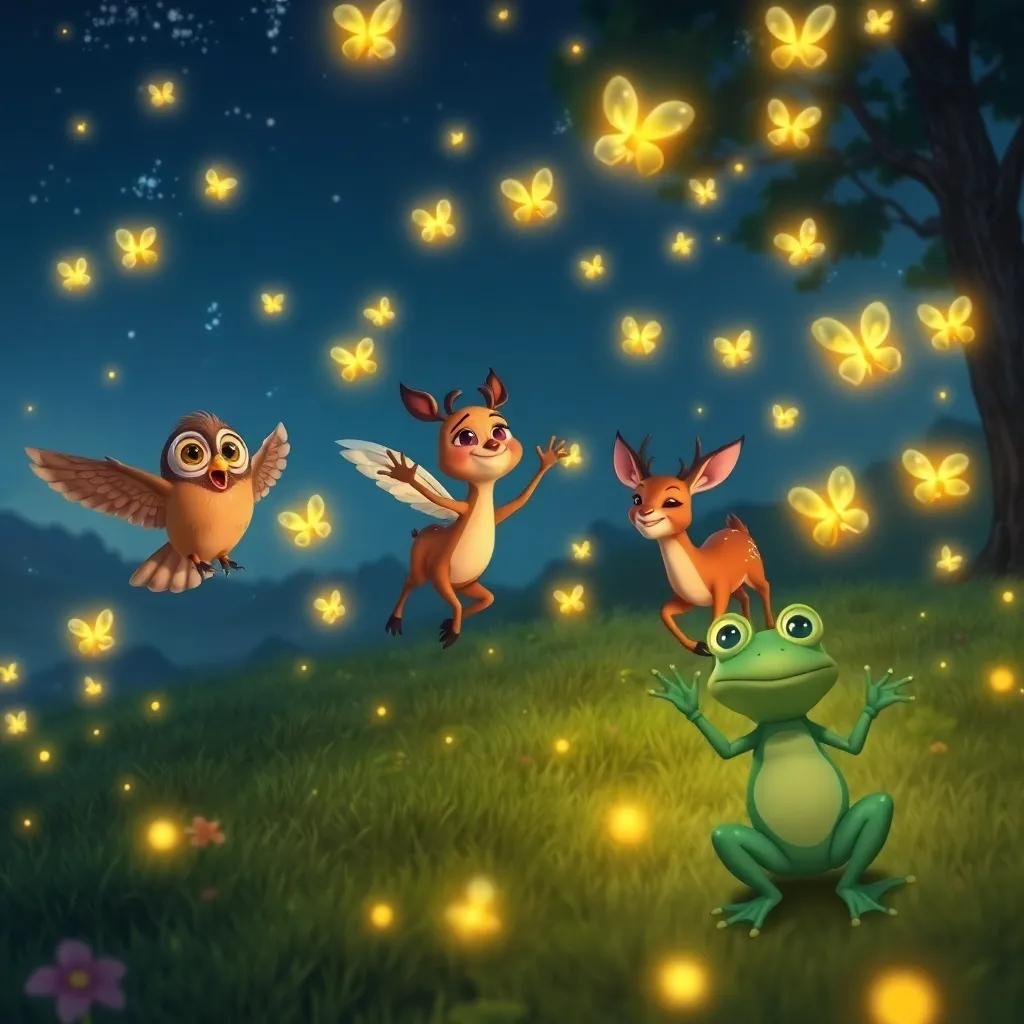 A group of fireflies dancing in the air at night, with Oleg the owl, Lila the deer, and Rocco the frog playfully chasing them, animated style, warm glow, colorful scenery, joyous atmosphere, high quality