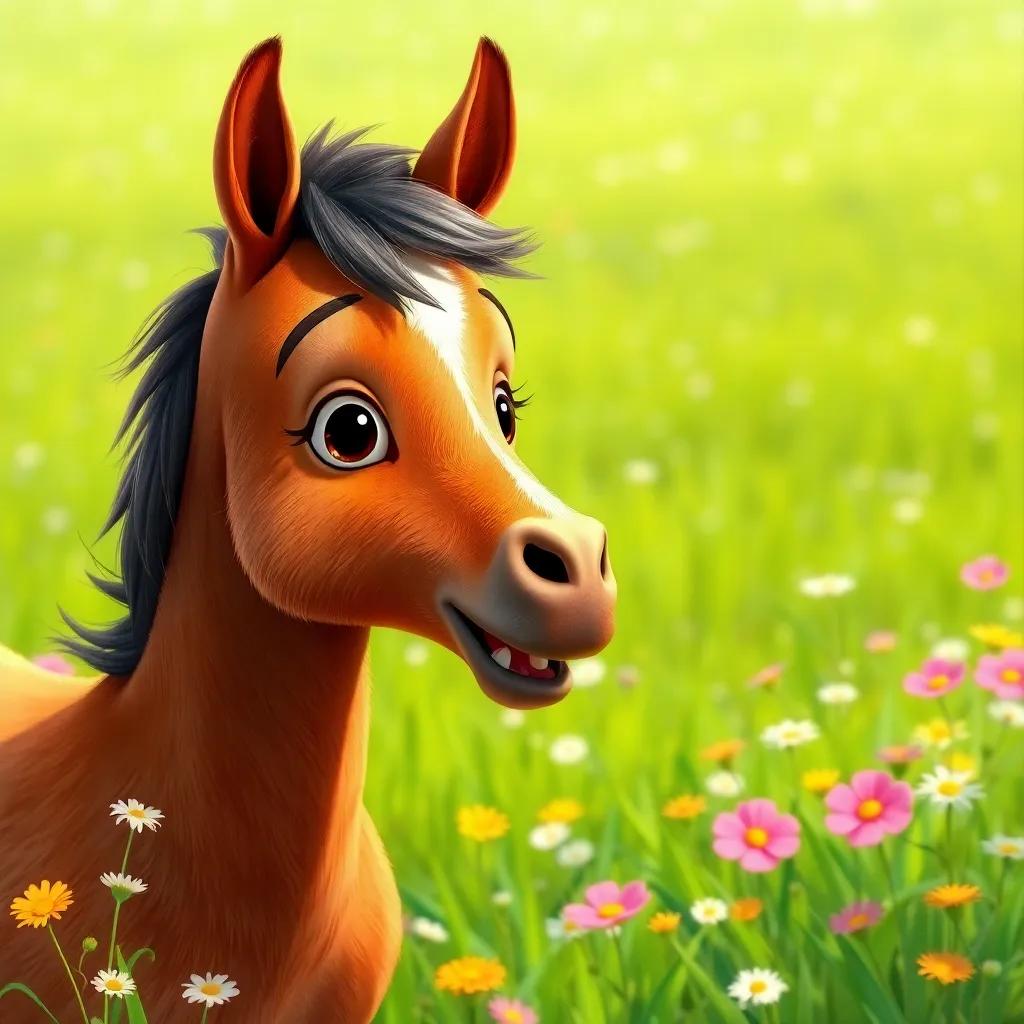 A young horse, Nino, with a shiny brown coat, looking curious and excited in a vibrant green meadow with flowers, digital art, bright colors, cheerful atmosphere, high quality